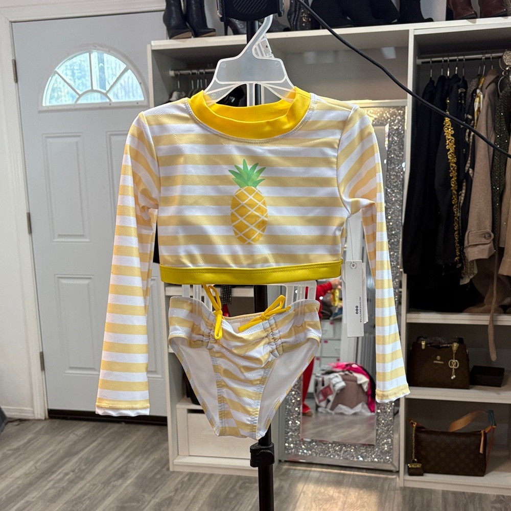 Yellow and White Striped Pineapple Swimsuit Set